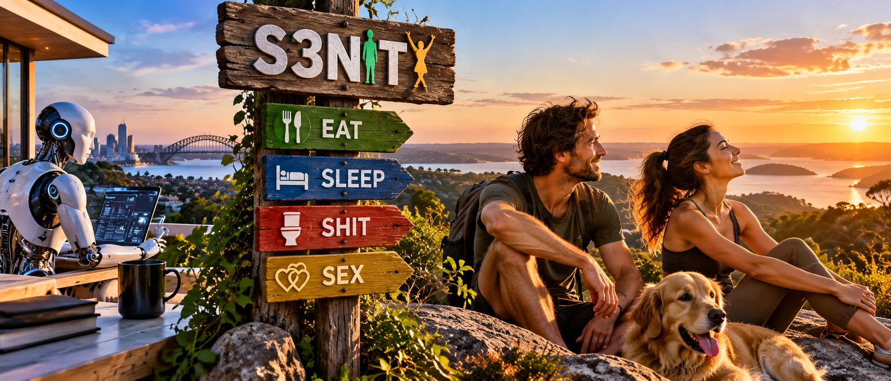 A couple and dog overlooking Sydney Harbour at sunset beside S3NiTY signs, while a robot uses a computer.