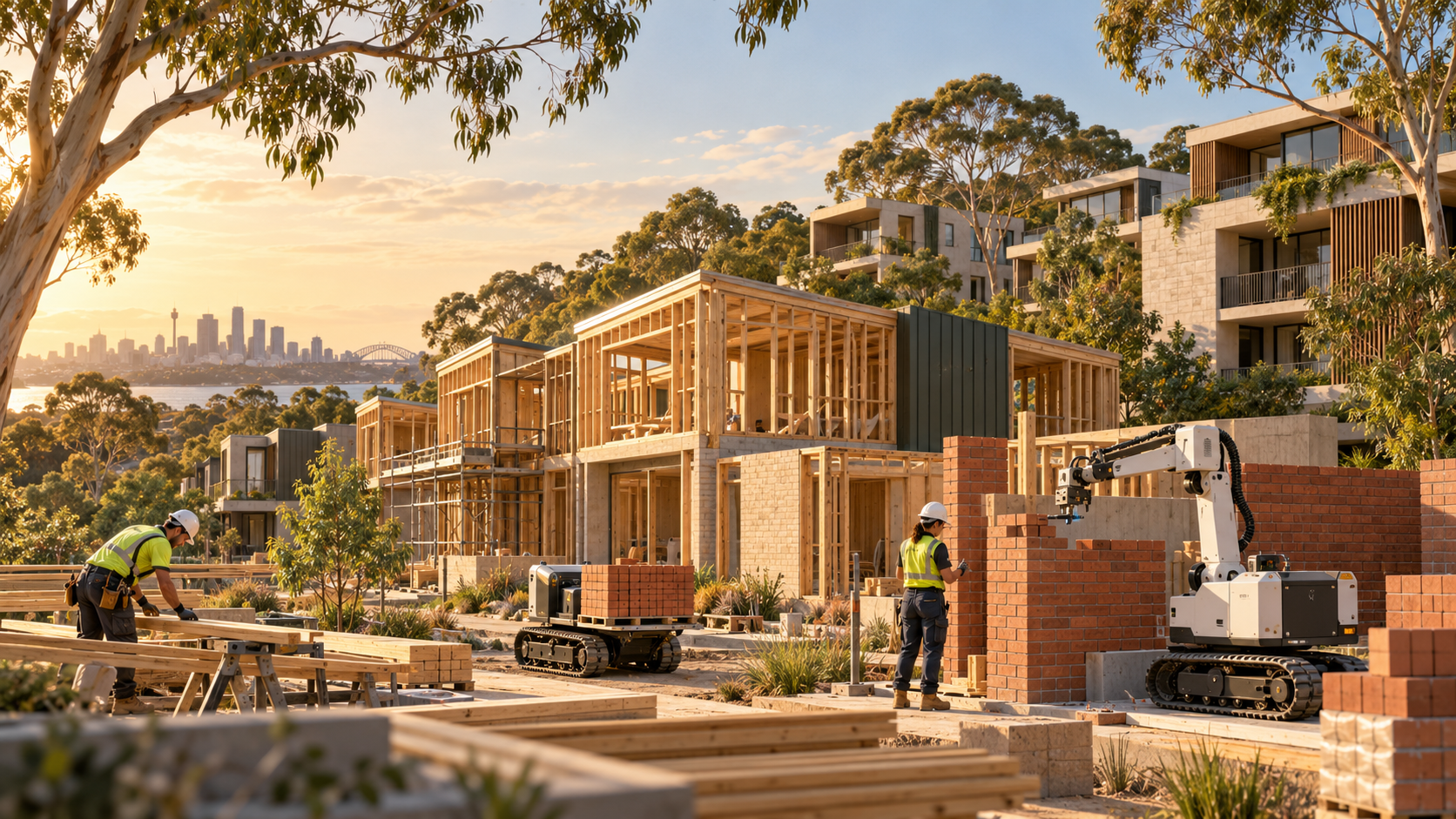 Landscape concept illustration of human tradespeople and robotic equipment building Australian homes