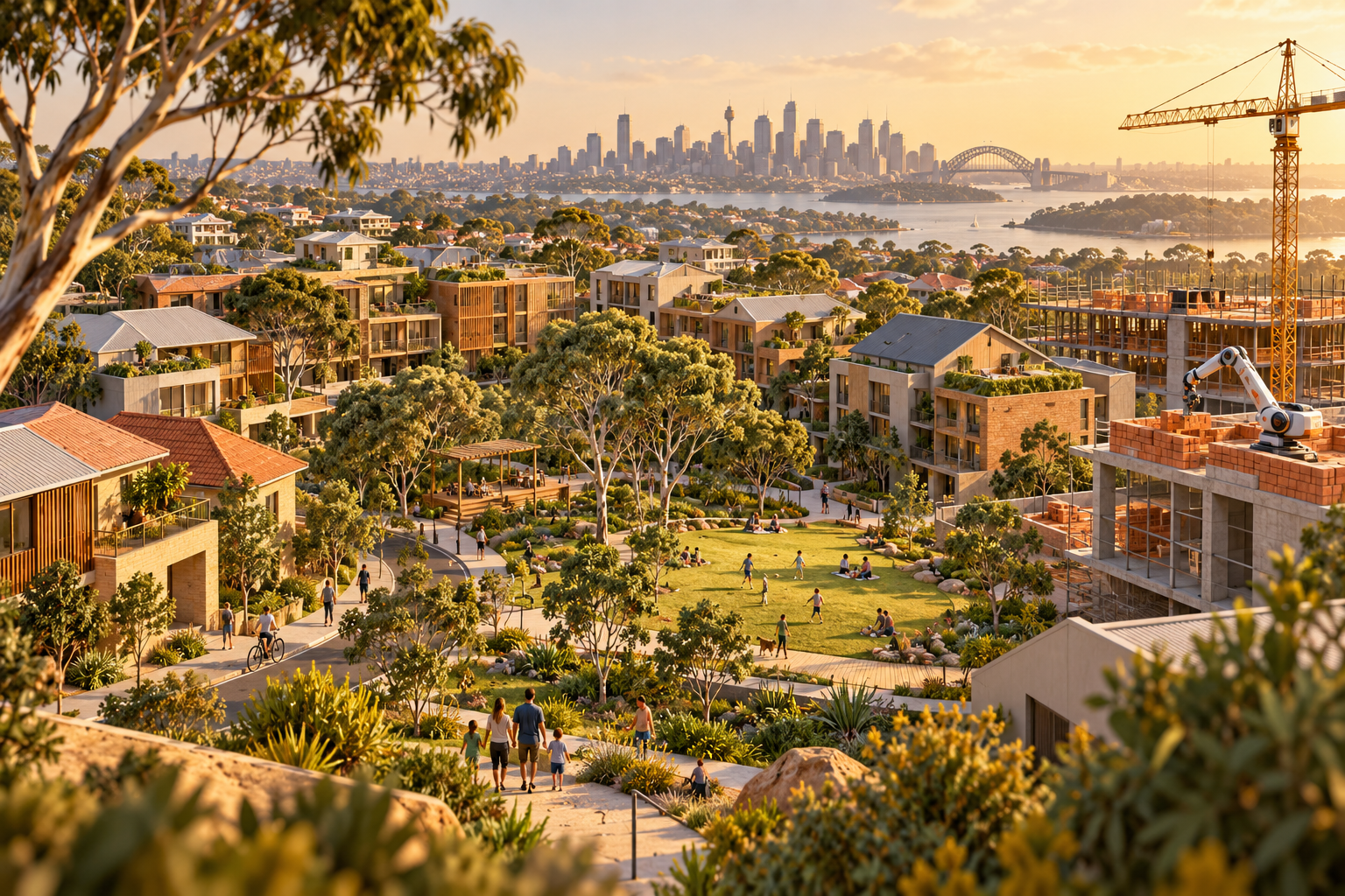 Conceptual landscape illustration of Australian homes, apartments and a shared green neighbourhood